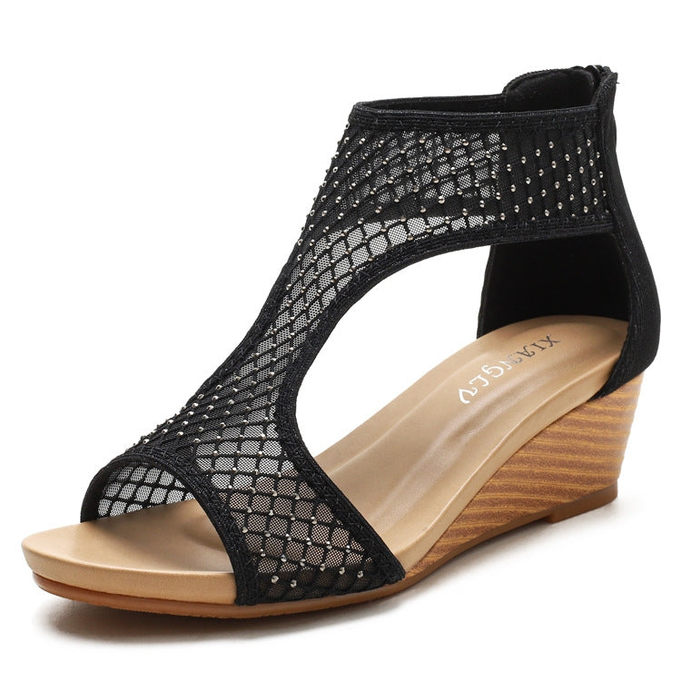 Ladies Summer Sandals All-Match Casual Mesh Thick Sole Wedge Heel Shoes, 36, 37, 38, 39, 40, 41, 42