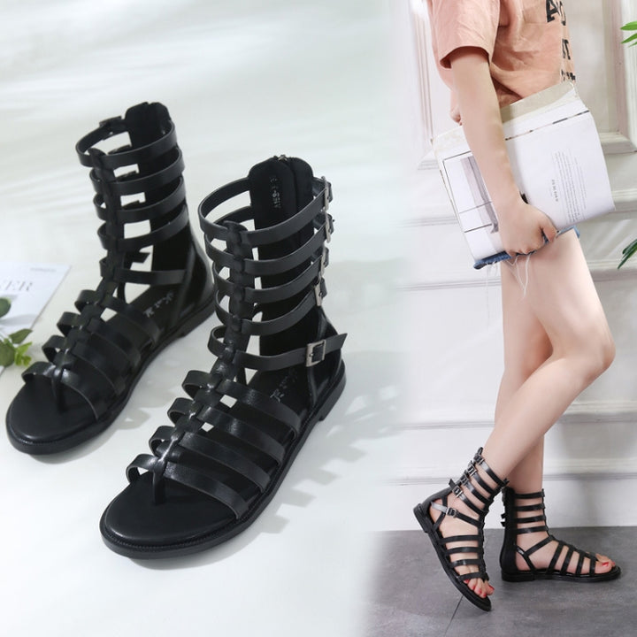 Ladies Open Toe Back Zip High-Top Sandals Flat Roman Style Sandals, 35, 36, 37, 38, 39, 40