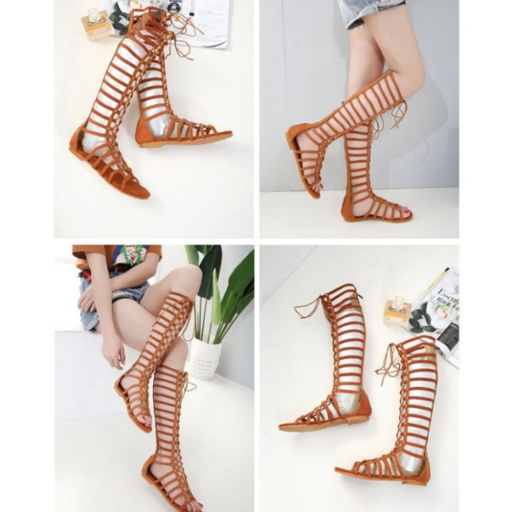 Women Roman Style Sandals Flat Hollow Strap High-Top Sandals, 35, 36, 37, 38, 39, 40