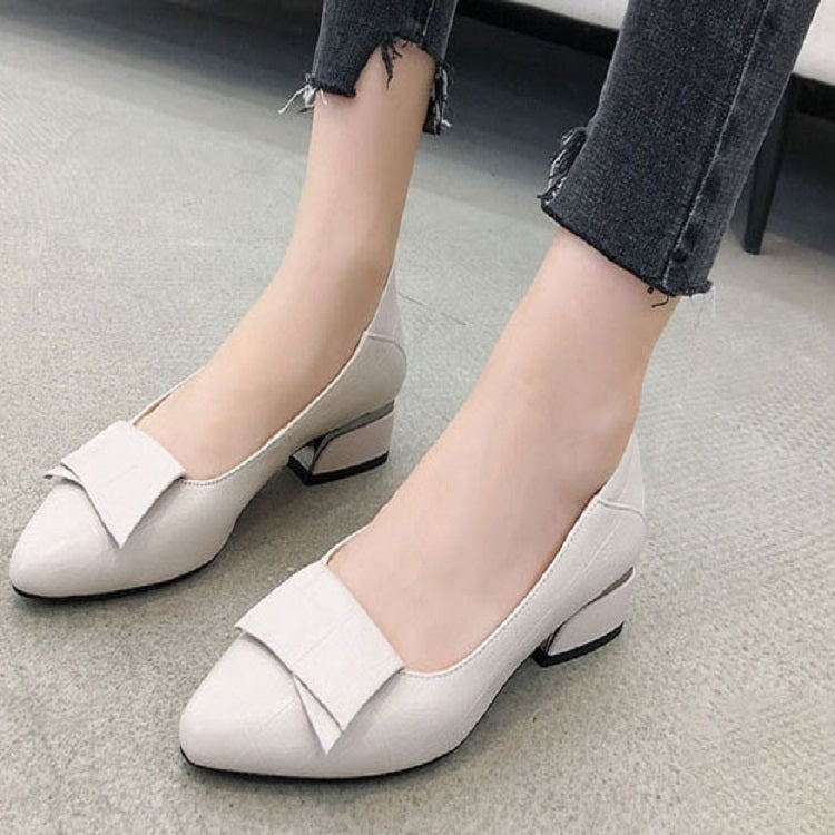 Spring And Summer Cowhide Shoes With Thick Heel Mid-Heel For Women, 34, 35, 36, 37, 38, 39