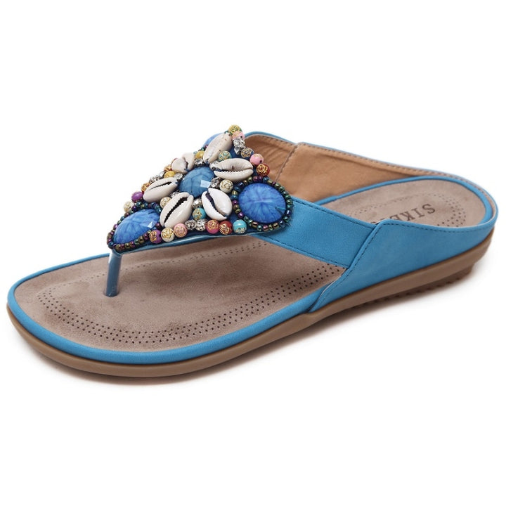 Ladies Summer Bohemian Sandals Seaside Retro Beaded Shell Slippers, 35, 36, 37, 38, 39, 40, 41, 42