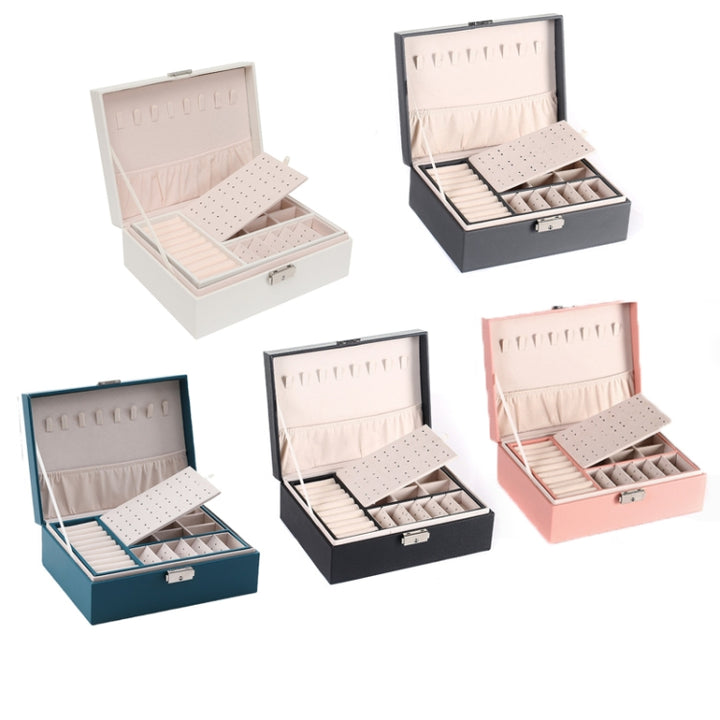 Simple Double-Layered Wooden Leather Jewelry Box With Lock Earrings Jewelry Box, White, Gray, Green, Black, Pink