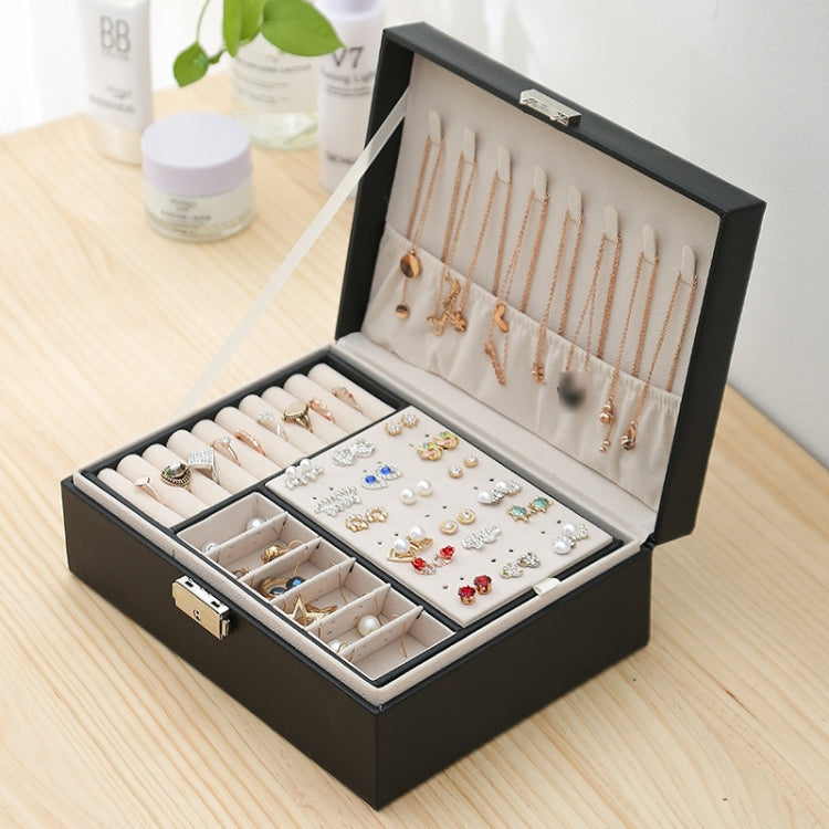 Simple Double-Layered Wooden Leather Jewelry Box With Lock Earrings Jewelry Box, White, Gray, Green, Black, Pink