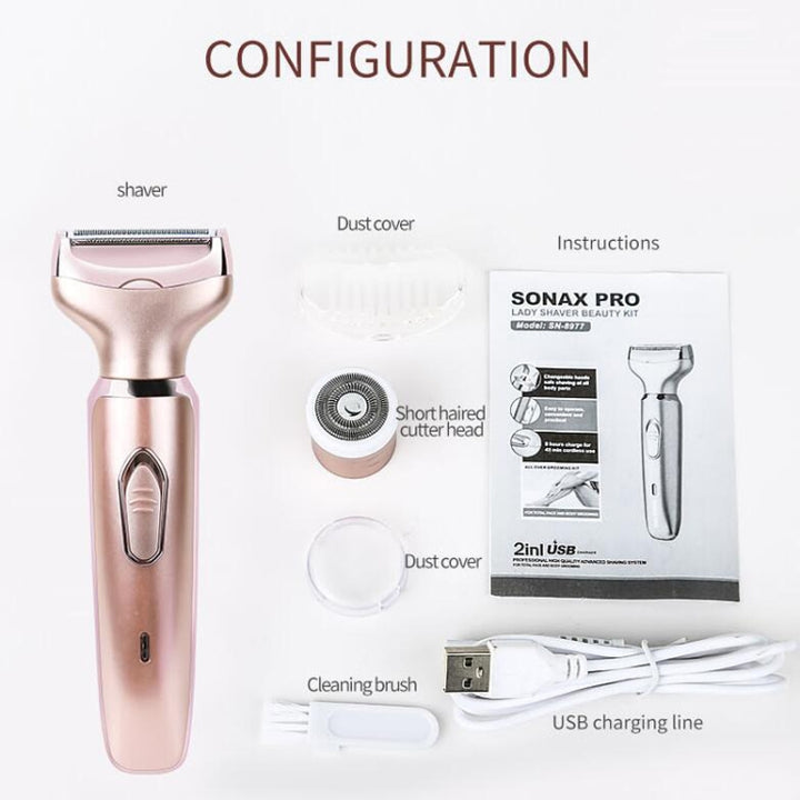 SONAX PRO SN-8977 Ladies Shaver 2 In 1 Washable USB Charging Hair Removal Device, 2 In 1 (Rose Gold)