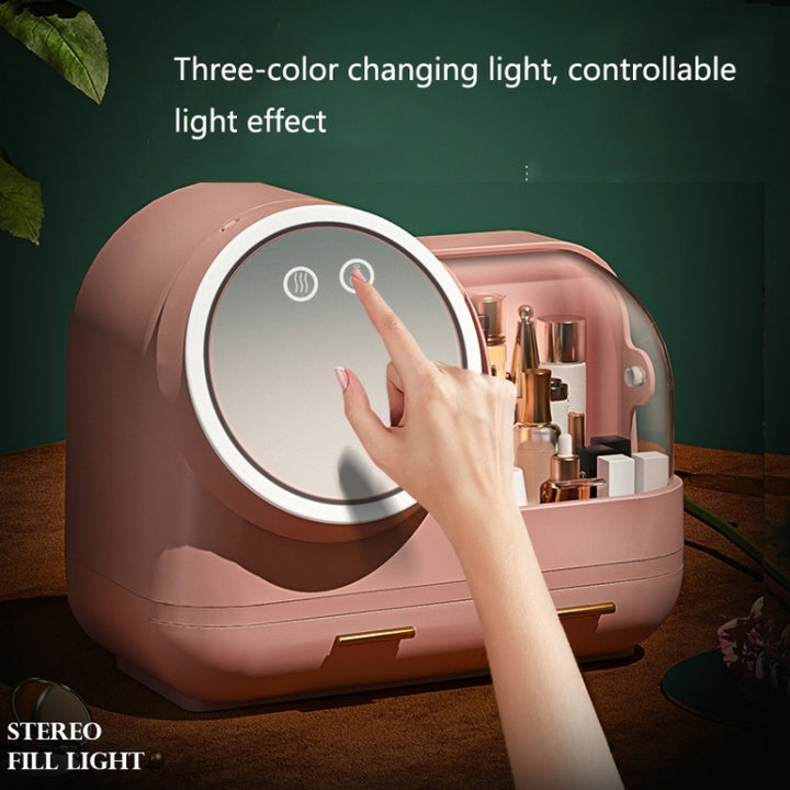 Mirror Desktop Makeup And Dustproof Drawer Storage Box With LED Light, Green LED Model, Pink LED Model, White LED Model, Green LED + Fan Model, Pink LED + Fan Model, White LED + Fan Model