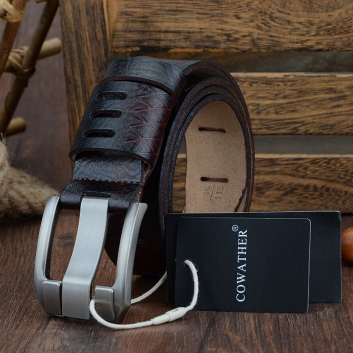 COWATHER QSK001 Men Casual Fashion Two-Layer Leather Pin Buckle Belt,Length：, 110cm, 115cm, 120cm, 125cm, 130cm