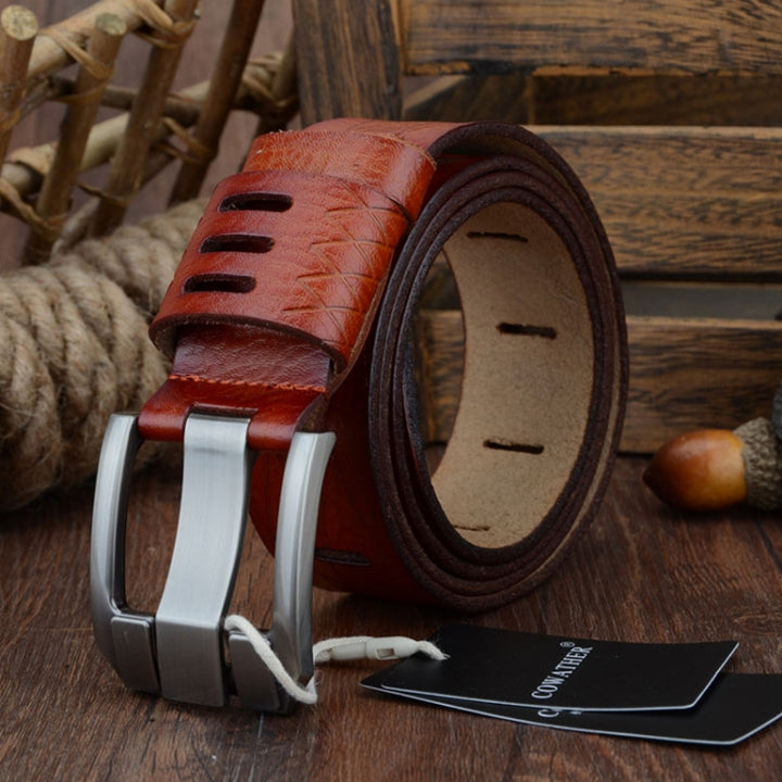 COWATHER QSK001 Men Casual Fashion Two-Layer Leather Pin Buckle Belt,Length：, 110cm, 115cm, 120cm, 125cm, 130cm