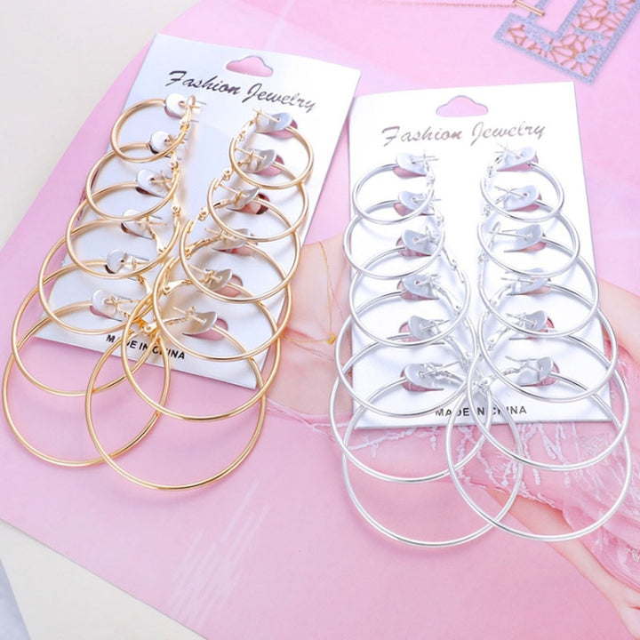 6 Pairs/Set Women Steampunk Fashion Circle Hoop Earrings, Glod, Silver