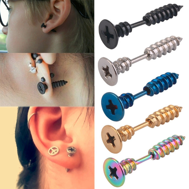 Vacuum Plating Personality Titanium Steel Screw Stud Earrings, Dark Blue, Black, Gold, Silver, Colorful