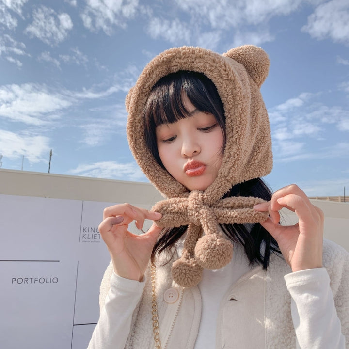 Cartoon Bear Ear Tether Hat Winter Warm Plush Bomber Hat for Women, Free Size