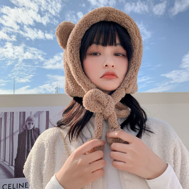 Cartoon Bear Ear Tether Hat Winter Warm Plush Bomber Hat for Women, Free Size