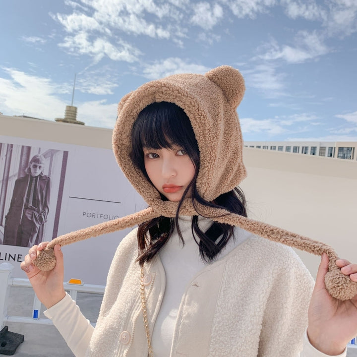 Cartoon Bear Ear Tether Hat Winter Warm Plush Bomber Hat for Women, Free Size