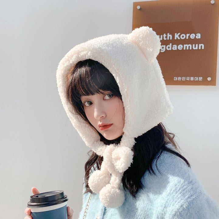 Cartoon Bear Ear Tether Hat Winter Warm Plush Bomber Hat for Women, Free Size