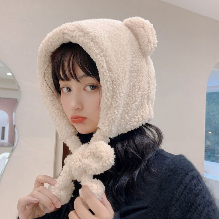 Cartoon Bear Ear Tether Hat Winter Warm Plush Bomber Hat for Women, Free Size