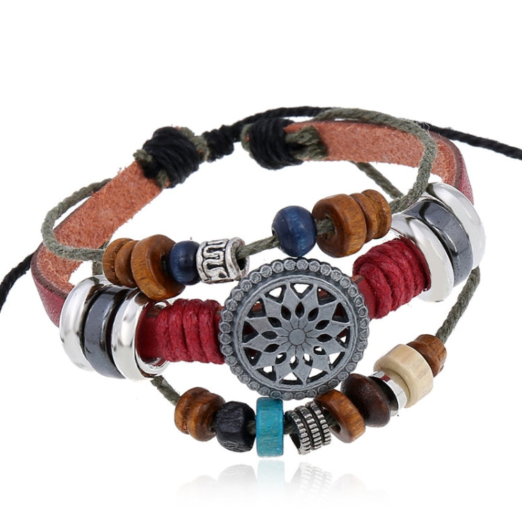 BX016 Retro Personality Leather Beaded Bracelet, Black Leather+Ancient Silver Accessories, Red Leather++Ancient Silver Accessories, White Leather+Bronze Accessories, Light Brown Leather+Bronze Accessories