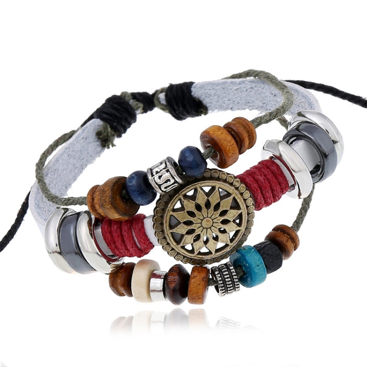 BX016 Retro Personality Leather Beaded Bracelet, Black Leather+Ancient Silver Accessories, Red Leather++Ancient Silver Accessories, White Leather+Bronze Accessories, Light Brown Leather+Bronze Accessories