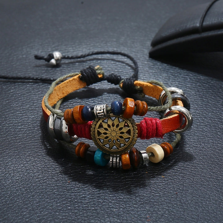 BX016 Retro Personality Leather Beaded Bracelet, Black Leather+Ancient Silver Accessories, Red Leather++Ancient Silver Accessories, White Leather+Bronze Accessories, Light Brown Leather+Bronze Accessories