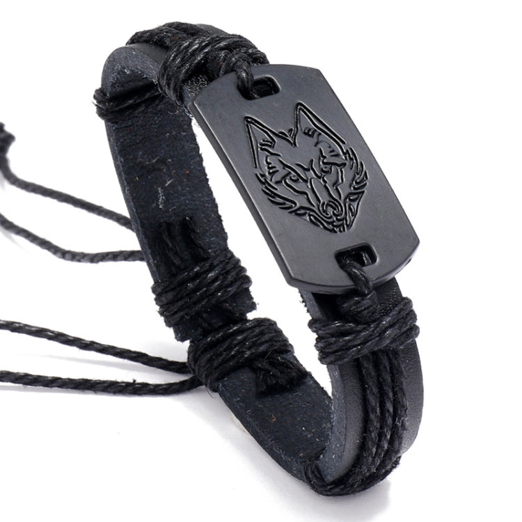 B01916 Men Leather Wolf Head Woven Bracelet, B01916