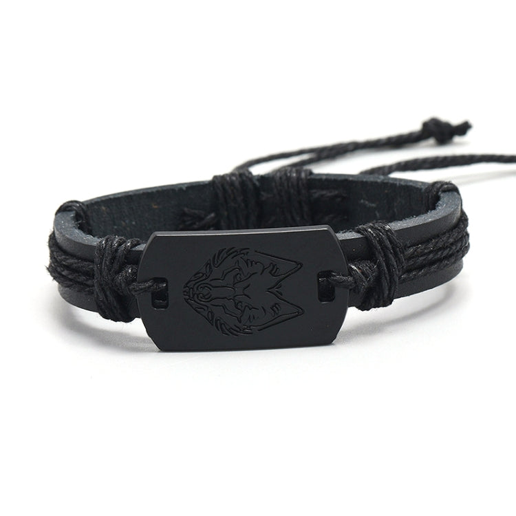 B01916 Men Leather Wolf Head Woven Bracelet, B01916