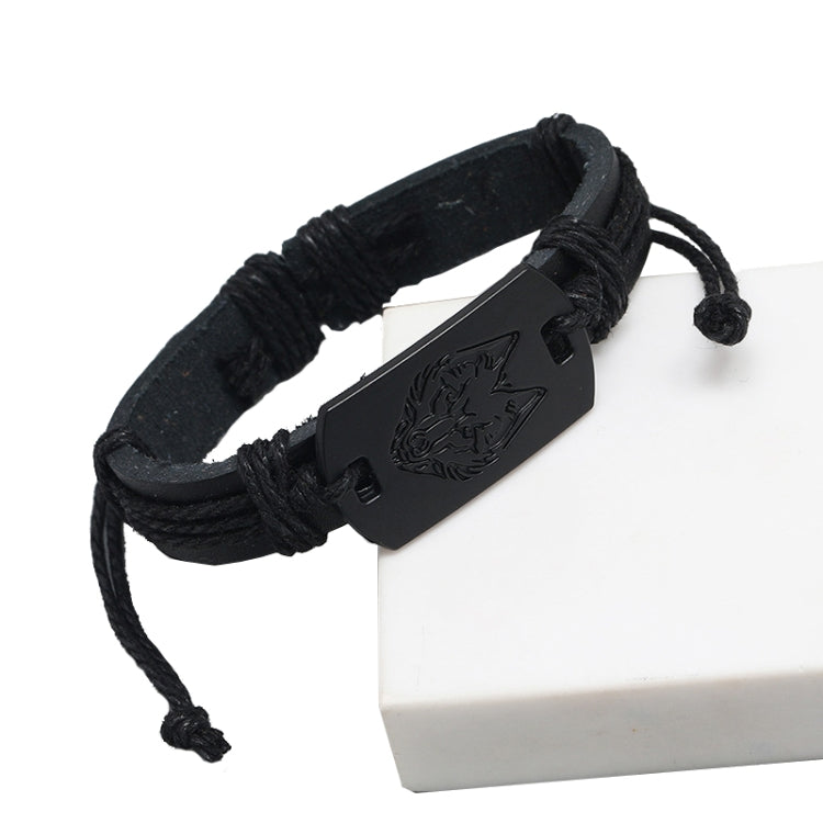 B01916 Men Leather Wolf Head Woven Bracelet, B01916