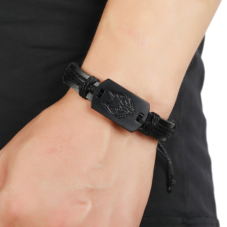 B01916 Men Leather Wolf Head Woven Bracelet, B01916