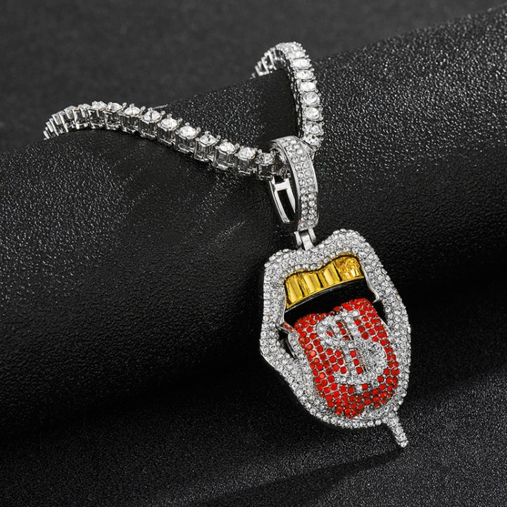 Skull Lips Tongue Pendant Single Row Necklace, Gold + Red, Silver + Red, Gold + Pink, Silver + Pink, Gold + Blue