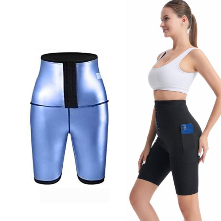 Women High Waist Breasted Hip Lifting Pants With Pocket, PU Blue 3-point  S, PU Blue 3-point  M, PU Blue 3-point  L, PU Blue 3-point  XL, PU Blue 3-point  XXL, PU Blue 3-point  3XL, Silver Painted 3-point  S, Silver Painted 3-point  M