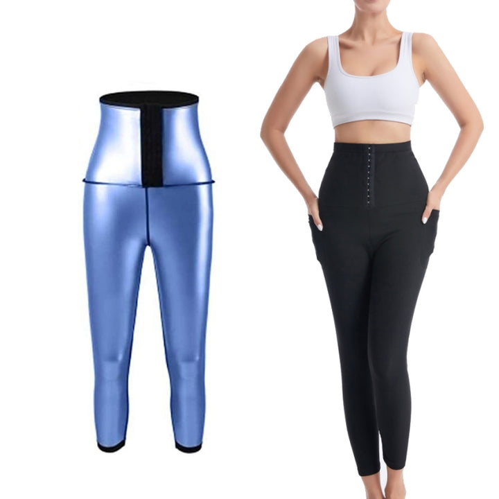 Women High Waist Breasted Hip Lifting Pants With Pocket, PU Blue 3-point  S, PU Blue 3-point  M, PU Blue 3-point  L, PU Blue 3-point  XL, PU Blue 3-point  XXL, PU Blue 3-point  3XL, Silver Painted 3-point  S, Silver Painted 3-point  M