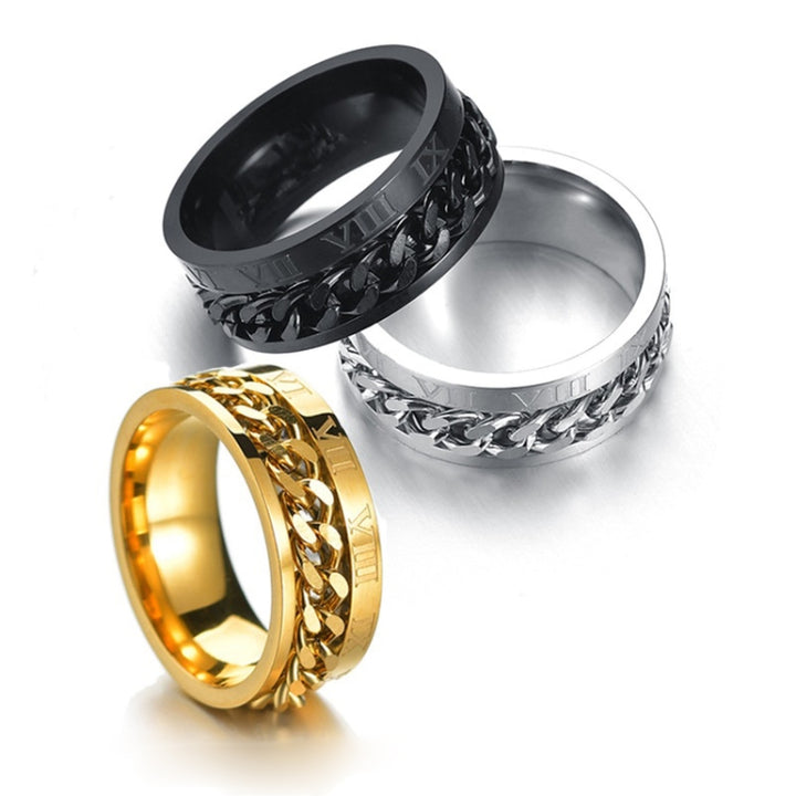 2 PCS Roman Numerals Turnable Chain Titanium Steel Ring, black, Steel Color, Gold