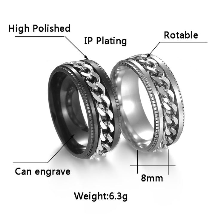 2 PCS Men Stainless Steel Embossed Turnable Chain Rings, Black Gold