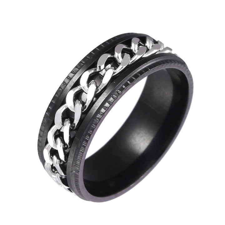 2 PCS Men Stainless Steel Embossed Turnable Chain Rings, Black, Steel Color, Black Steel Color, Dark Blue