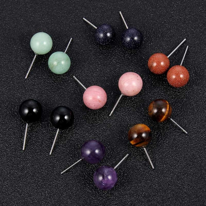 1 Pairs DIY Simple Round Natural Agate Stone Women All-match Stud Earrings, Blue Sandstone, Tiger Eye Stone, Blackstone, Golden Stone, Red-striped Stone, Green Jade, Amethyst Stone