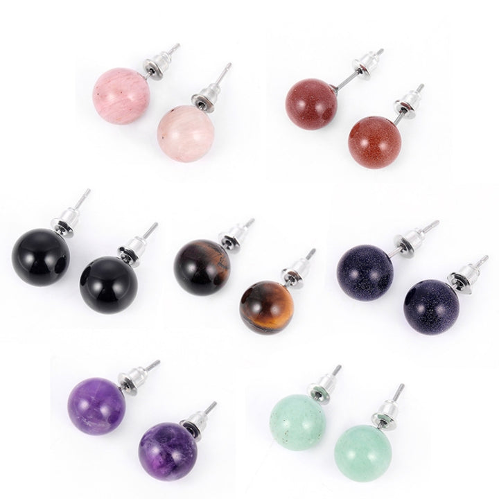 1 Pairs DIY Simple Round Natural Agate Stone Women All-match Stud Earrings, Blue Sandstone, Tiger Eye Stone, Blackstone, Golden Stone, Red-striped Stone, Green Jade, Amethyst Stone