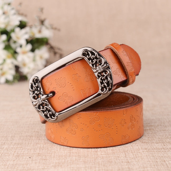 ZK--067 Retro Engraved Buckle Butterfly Print Pin Buckle Leather Belt, Length:, 105cm, 110cm, 115cm