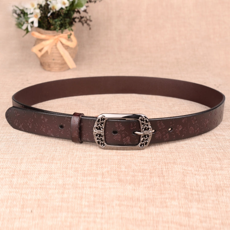 ZK--067 Retro Engraved Buckle Butterfly Print Pin Buckle Leather Belt, Length:, 105cm, 110cm, 115cm