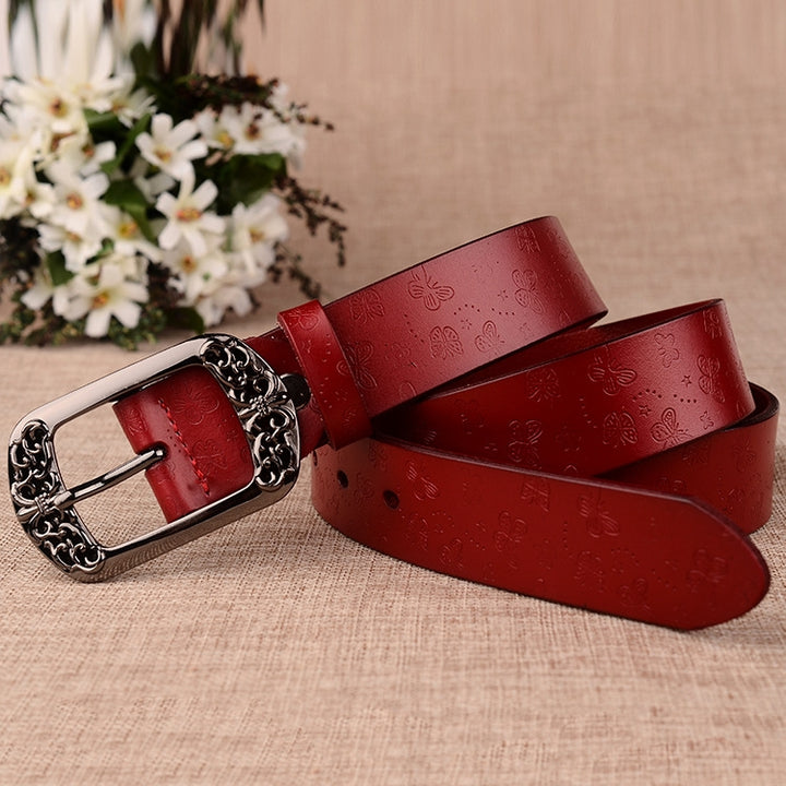 ZK--067 Retro Engraved Buckle Butterfly Print Pin Buckle Leather Belt, Length:, 105cm, 110cm, 115cm