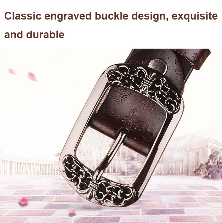 ZK--067 Retro Engraved Buckle Butterfly Print Pin Buckle Leather Belt, Length:, 105cm, 110cm, 115cm