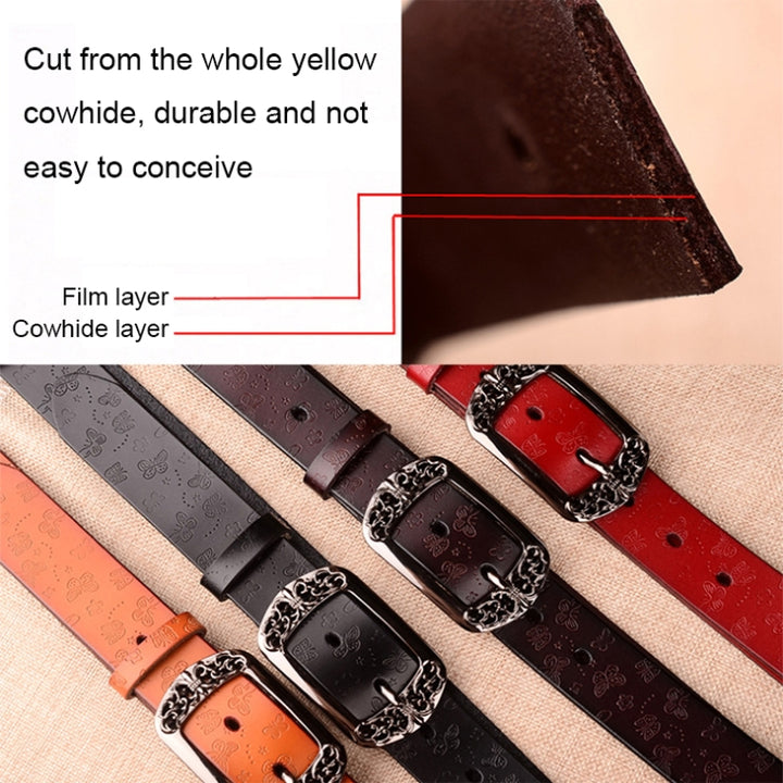 ZK--067 Retro Engraved Buckle Butterfly Print Pin Buckle Leather Belt, Length:, 105cm, 110cm, 115cm