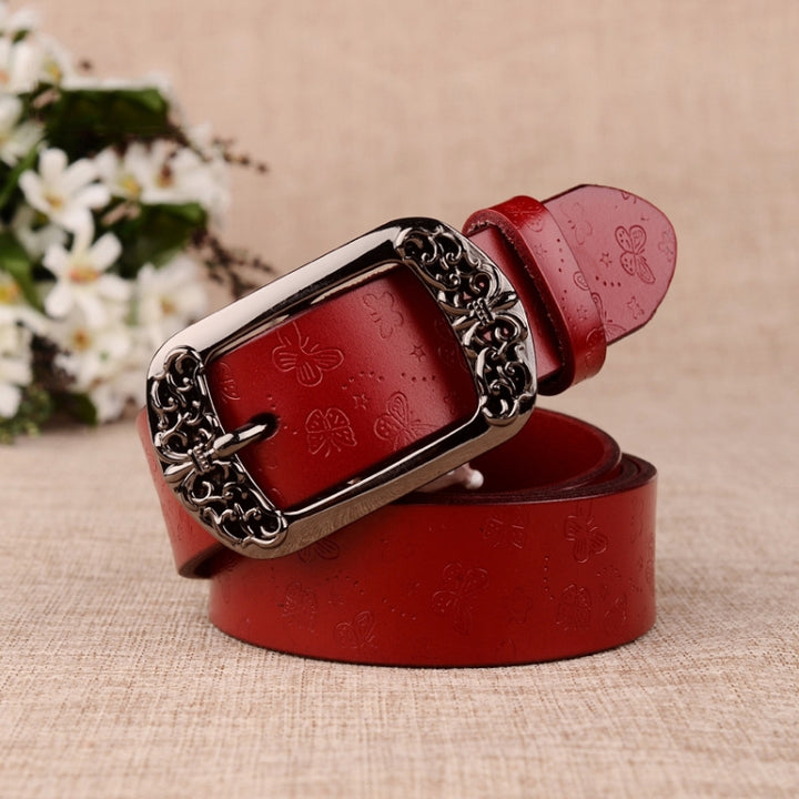 ZK--067 Retro Engraved Buckle Butterfly Print Pin Buckle Leather Belt, Length:, 105cm, 110cm, 115cm