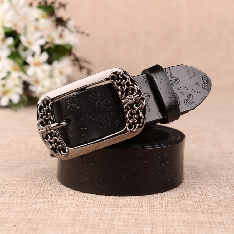 ZK--067 Retro Engraved Buckle Butterfly Print Pin Buckle Leather Belt, Length:, 105cm, 110cm, 115cm