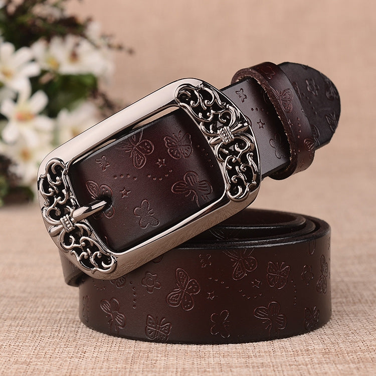 ZK--067 Retro Engraved Buckle Butterfly Print Pin Buckle Leather Belt, Length:, 105cm, 110cm, 115cm