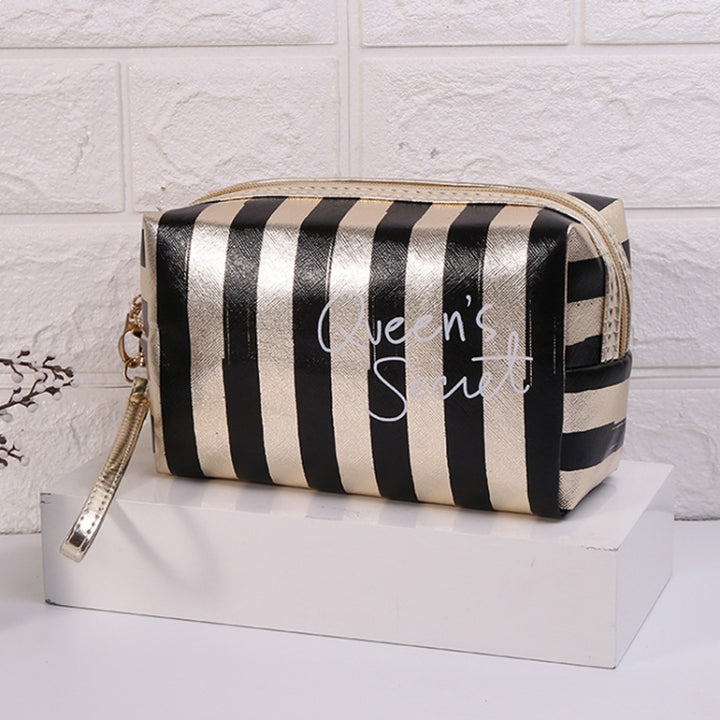 Multifunctional Striped PU Waterproof Cosmetic Toiletry Bag, Blue, Black, Pink, Rose Red, Gold, Silver