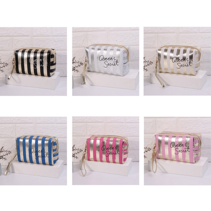 Multifunctional Striped PU Waterproof Cosmetic Toiletry Bag, Blue, Black, Pink, Rose Red, Gold, Silver