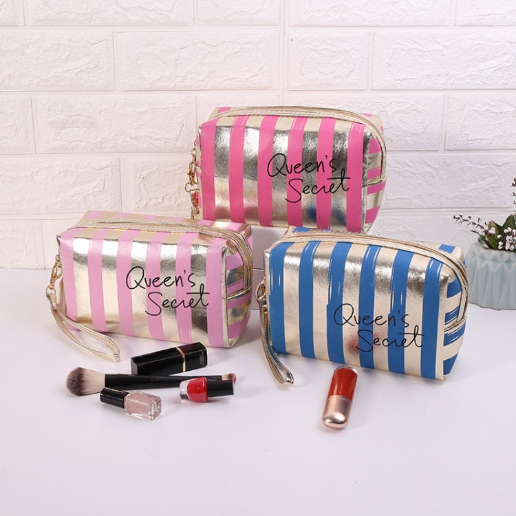 Multifunctional Striped PU Waterproof Cosmetic Toiletry Bag, Blue, Black, Pink, Rose Red, Gold, Silver