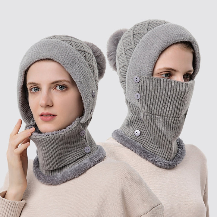 Women One-piece Hat Scarf Warm Knitted Hat Plus Velvet Overhead Cap