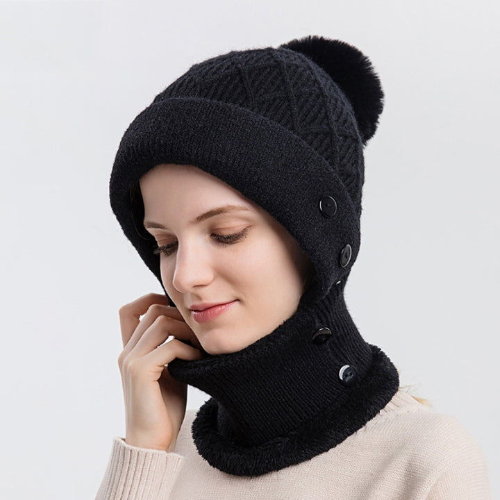 Women One-piece Hat Scarf Warm Knitted Hat Plus Velvet Overhead Cap