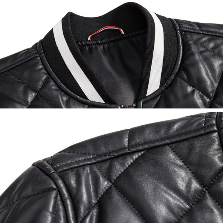 Slim V-Neck Pinch Cotton Baseball Jacket Warm PU Leather Jacket, M, L, XL, XXL, XXXL, 4XL