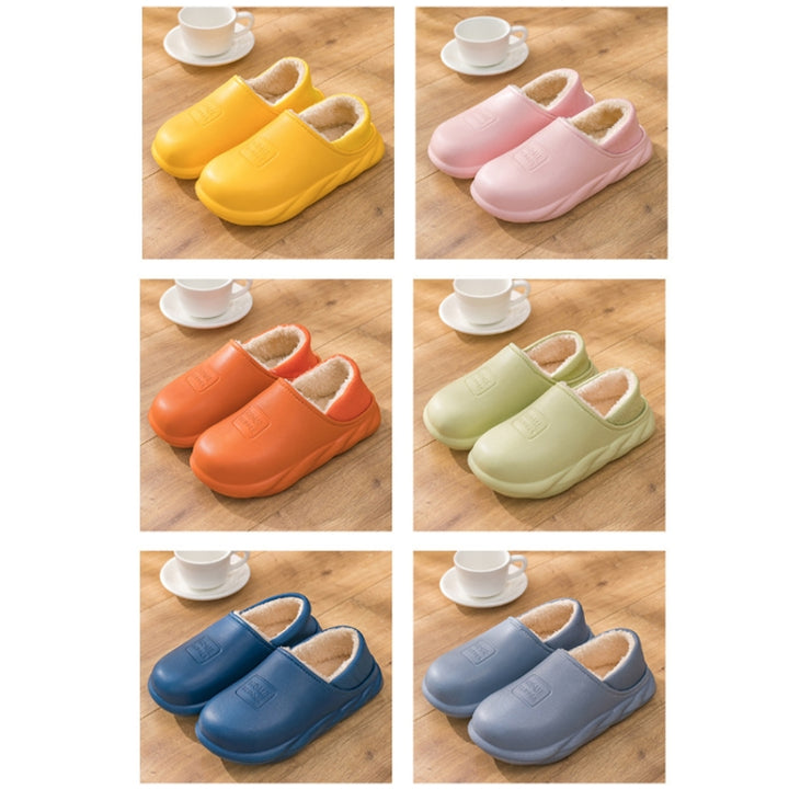 Winter Warm Velvet Thick Waterproof Cotton Slippers, Duck Egg Green 599, Caramel 599, Dark Blue 599, Yellow 599, Yellow No Heel, Blue Gray No Heel, Orange Red No Heel, Light Coffee No Heel