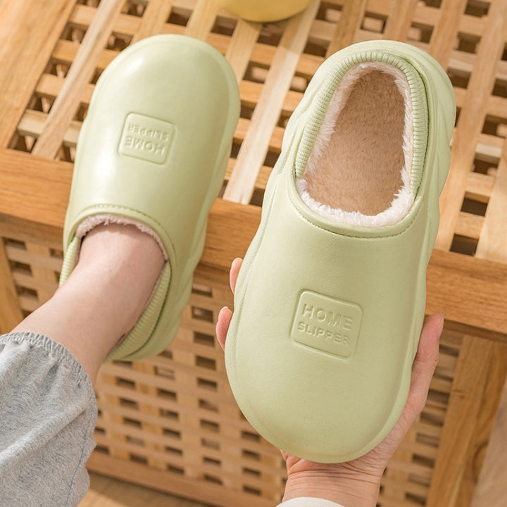 Winter Warm Velvet Thick Waterproof Cotton Slippers, Duck Egg Green 599, Caramel 599, Dark Blue 599, Yellow 599, Yellow No Heel, Blue Gray No Heel, Orange Red No Heel, Light Coffee No Heel