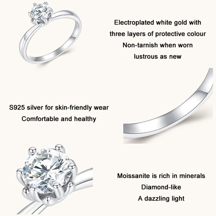 MSR006 Sterling Silver S925 Six Claw Moissanite Ring White Gold Plated Jewellery, No.6, No.7, No.8, No.9, No.10